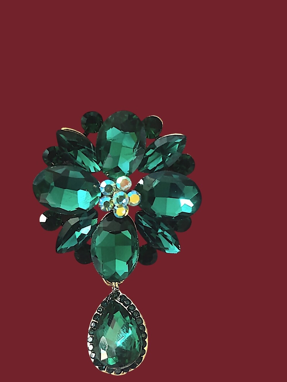 Emerald Green Rhinestone Floral Drop Brooch